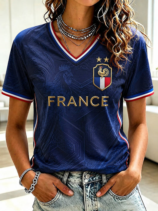 Women's France Football Printed V-neck T-shirt