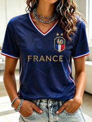 Women's France Football Printed V-neck T-shirt