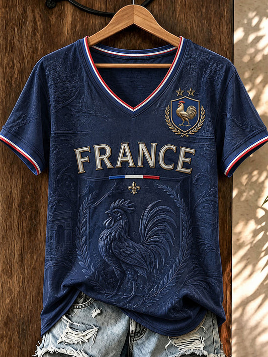 Women's France Football Printed V-neck T-shirt