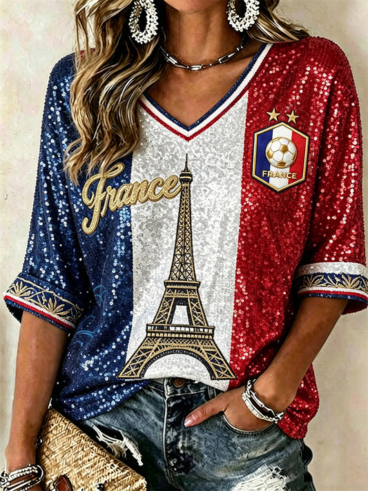 Women's France Football Tower Flag Colorblock Glitter Print Mid-length Sleeves V-Neck T-Shirt