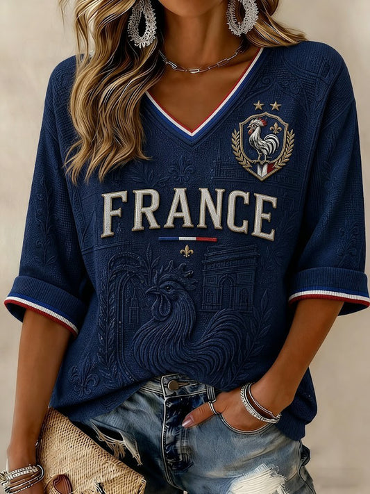 Women's France Football Printed Mid-length Sleeves V-neck T-shirt