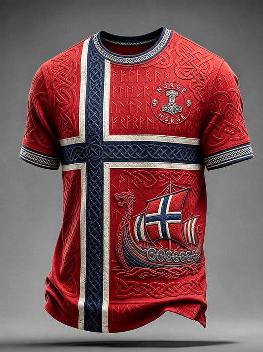 Men's Norway Viking Ship Art Celtic Flag Print Short Sleeves T-shirt