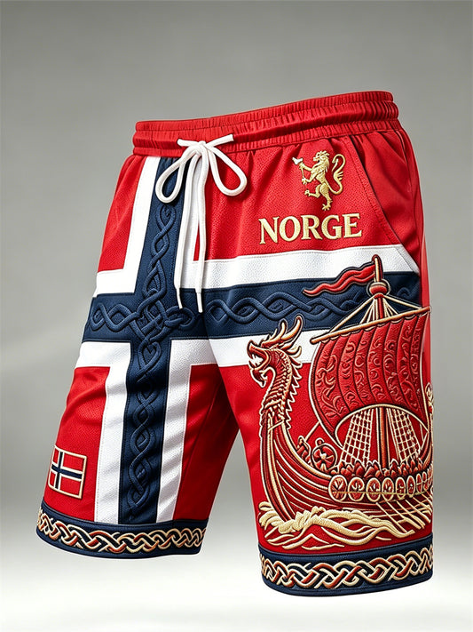 Men's Norway Lion Viking Ship Celtic Knot Flag Print Drawstring Shorts