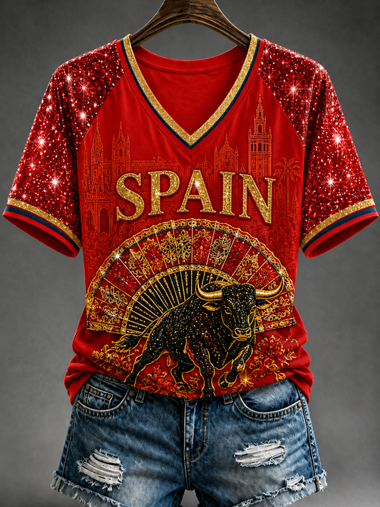 Women's España Print Casual V-Neck Tee