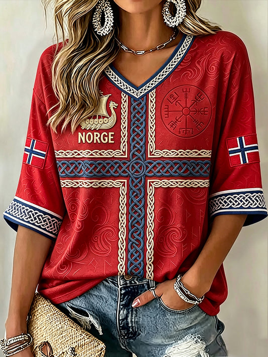 Women's Norway Viking Inspired Pattern Flag Print Mid-length Sleeves V-Neck T-Shirt