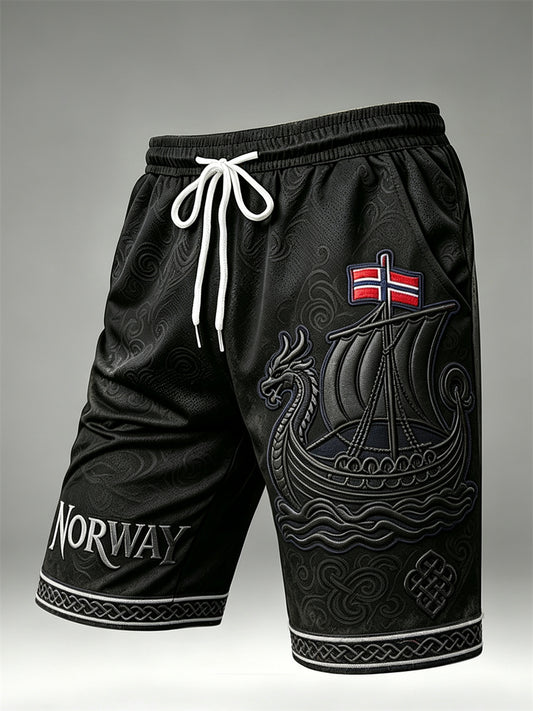 Men's Norway Viking Ship Celtic Knot Flag Print Drawstring Shorts