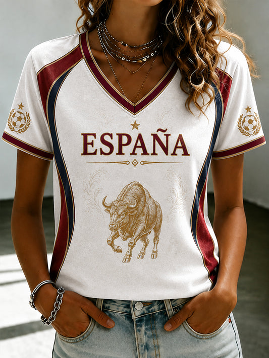 Women's Spanish Football Printed V-neck T-shirt