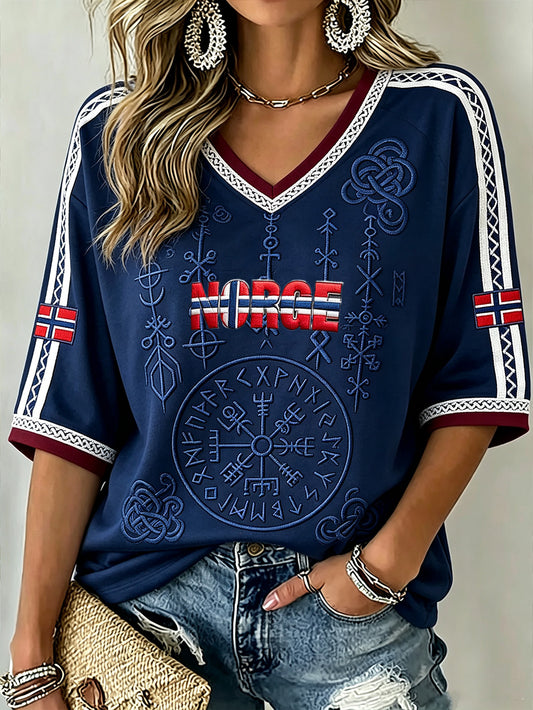 Women's Retro Norwegian Viking Pattern Printed Mid-length Sleeves V-Neck T-Shirt