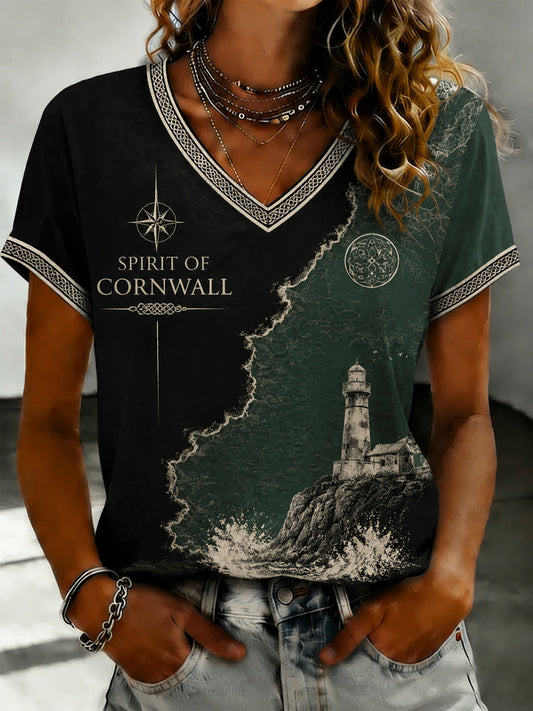 Women's Cornish Celtic-style Printed V-neck T-shirt