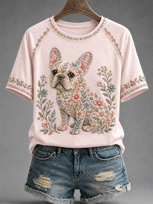 Women's Floral Dog Print Casual Tee