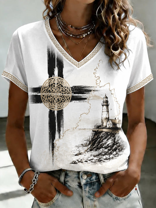 Women's Cornish Celtic-style Printed V-neck T-shirt