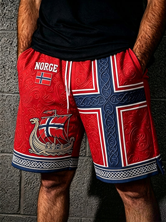 Men's Norway Viking Ship Art Celtic Flag Print Casual Drawstring Shorts
