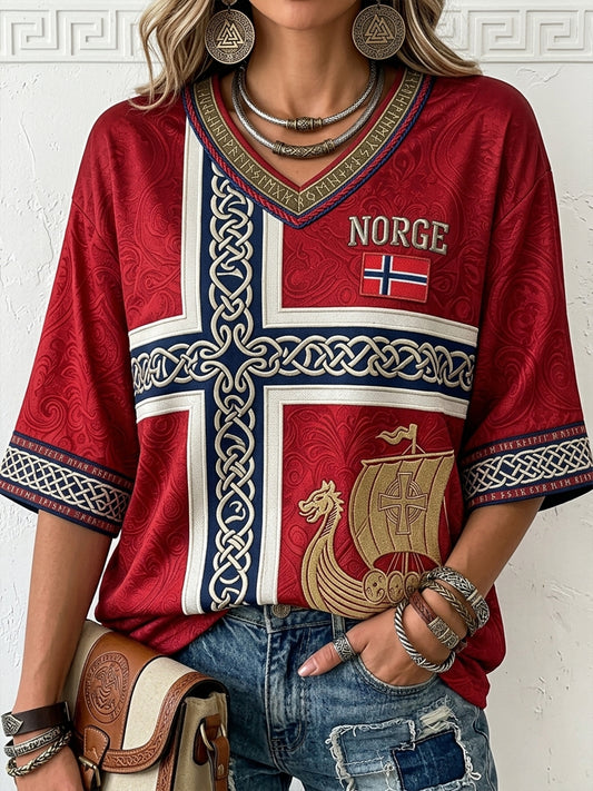Women's Norway Viking Ship Art Runes Print Mid-length Sleeves V-Neck T-Shirt