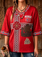 Women's Norway Viking Ship Art Flag Print Mid-length Sleeves V-Neck T-Shirt