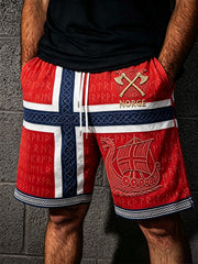 Men's Norway Viking Ship Art Celtic Flag Print Casual Drawstring Shorts