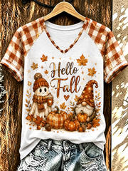 Women's Fall Printed V-neck off-shoulder short-sleeved T-shirt