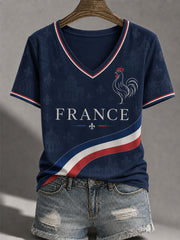 Women's France Print Casual V-Neck Tee