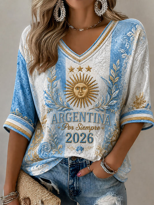 Women's Argentina Football Mid-length Sleeves V-Neck T-Shirt