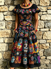 Women's Day of the Dead Sugar Skulls Mexican Floral Print Ruffle Maxi Dress
