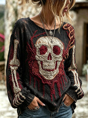 Women's Gothic Skull Pattern Printed Casual Cotton-Linen Shirt