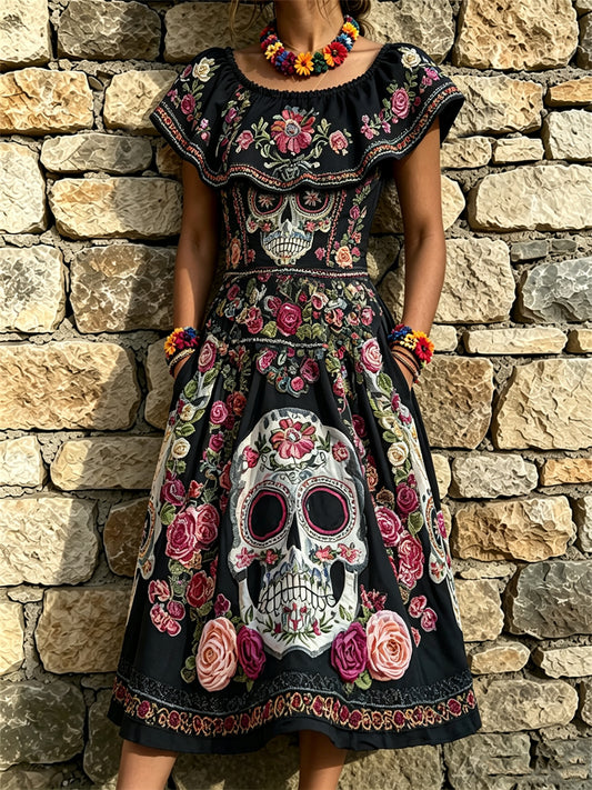 Women's Day of the Dead Sugar Skulls Mexican Floral Print Ruffle Maxi Dress