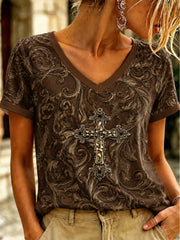 Women's Vintage Western Faith Printed V-neck T-shirt