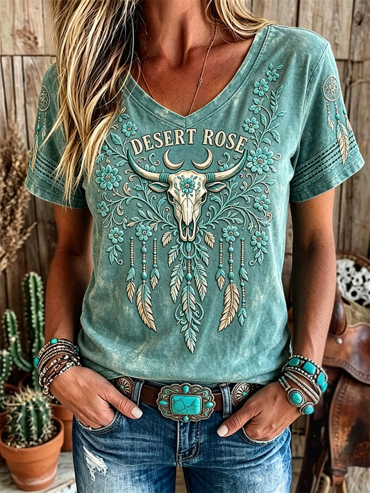 Women's Vintage Western Bull Skull Art Print Short-sleeved T-shirt