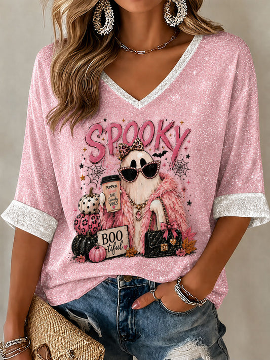 Women's Glam Ghost Print Casual T-Shirt