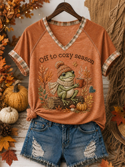 Women's Off To Cozy Season Printed V-neck Off-shoulder T-shirt