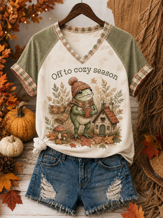 Women's Off To Cozy Season Printed V-neck Off-shoulder T-shirt