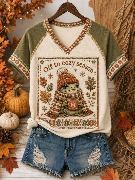 Women's Off To Cozy Season Printed V-neck Off-shoulder T-shirt