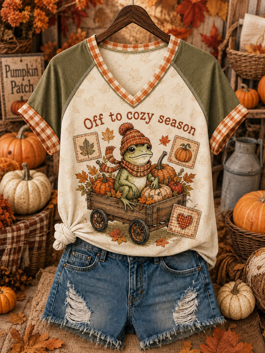 Women's Off To Cozy Season Printed V-neck Off-shoulder T-shirt