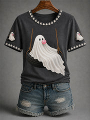 Women’s Fall Halloween Cute Bubble Gum Ghost On Swing Print Casual Tee