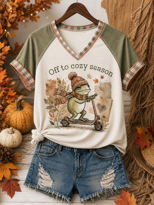 Women's Off To Cozy Season Printed V-neck Off-shoulder T-shirt