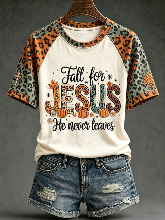 Women's Faith Slogan Leopard Print Pattern Printed Leisure Round Neck T-shirt