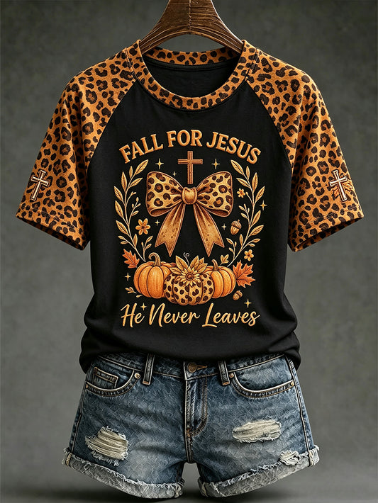 Women's Faith Slogan Leopard Print Pattern Printed Leisure Round Neck T-shirt