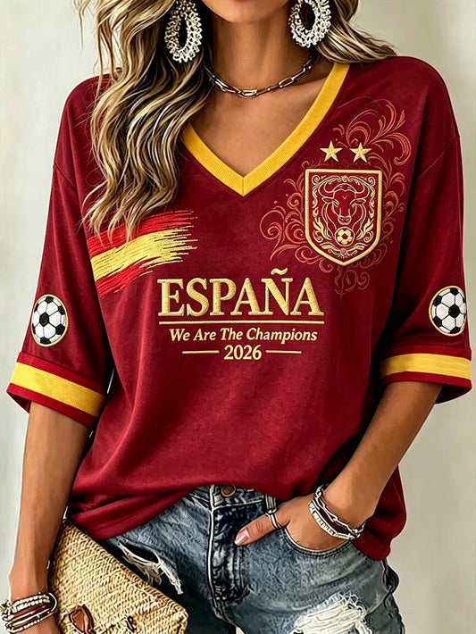 Women's 2026 España Football Fans Casual Mid-length Sleeves V-Neck T-Shirt