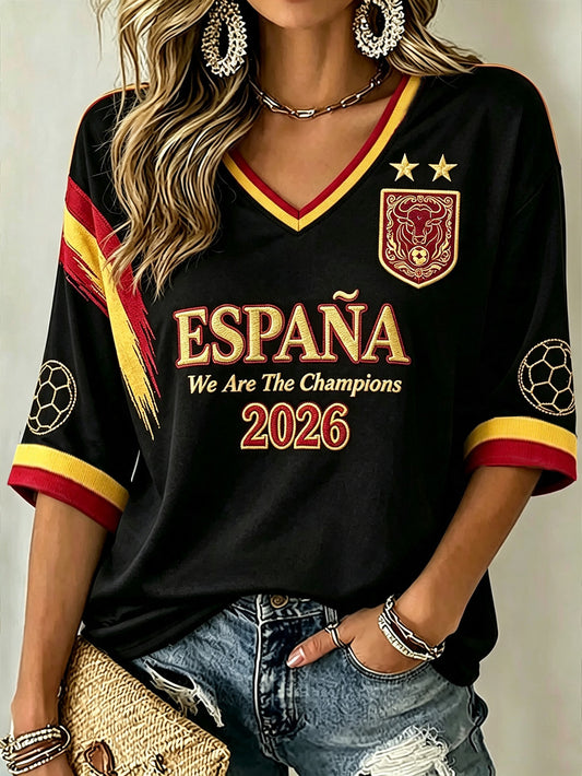 Women's 2026 España Football Fans Casual Mid-length Sleeves V-Neck T-Shirt