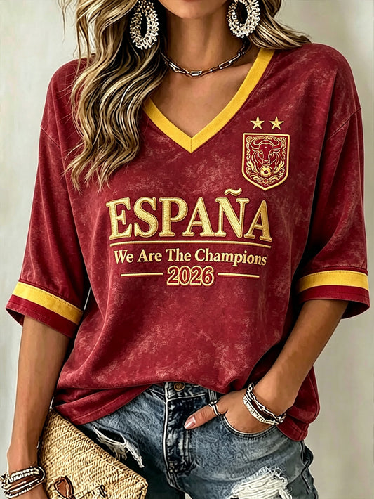 Women's 2026 España Football Fans Casual Mid-length Sleeves V-Neck T-Shirt