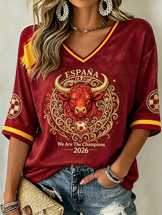 Women's 2026 España Football Fans Casual Mid-length Sleeves V-Neck T-Shirt