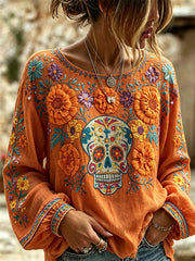 Women's Day of the Dead Sugar Skull Mexican Marigolds Floral Print Cotton-Linen Shirt