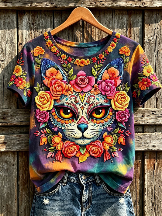 Women's Day of the Dead animal and flowers pattern printed casual short-sleeve T-shirt