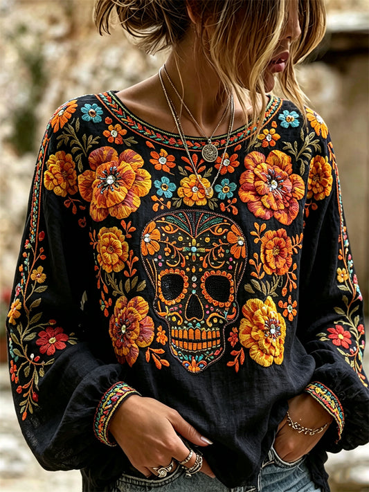 Women's Day of the Dead Sugar Skull Mexican Marigolds Floral Print Cotton-Linen Shirt