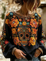 Women's Day of the Dead Sugar Skull Mexican Marigolds Floral Print Cotton-Linen Shirt