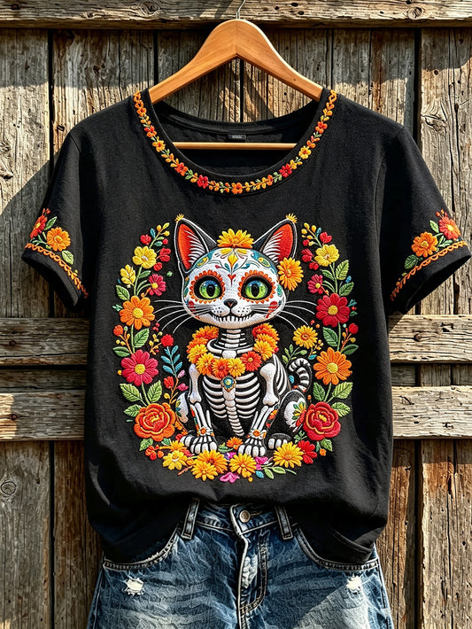 Women's Day of the Dead animal and flowers pattern printed casual short-sleeve T-shirt
