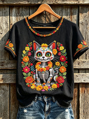 Women's Day of the Dead animal and flowers pattern printed casual short-sleeve T-shirt
