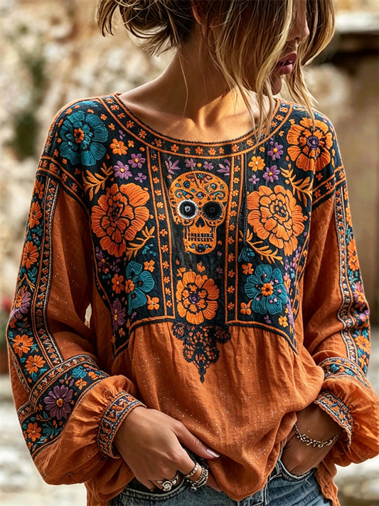 Women's Day of the Dead Sugar Skull Mexican Marigolds Floral Print Cotton-Linen Shirt