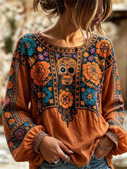 Women's Day of the Dead Sugar Skull Mexican Marigolds Floral Print Cotton-Linen Shirt