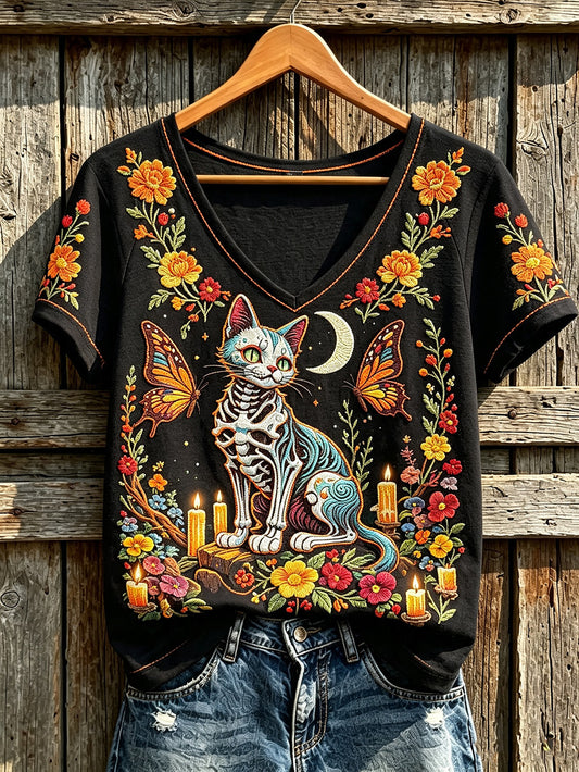Women's Day of the Dead animal and flowers pattern printed casual short-sleeve T-shirt