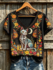 Women's Day of the Dead animal and flowers pattern printed casual short-sleeve T-shirt